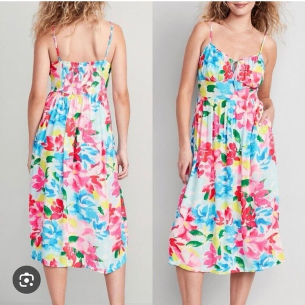 Old Navy Fit n Flare Tie Front Smocked Floral Cami Midi Dress Colorful Size XS